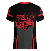 Bowling Team Women V-Neck T-Shirt Red and Black Strike Graphic and Custom Name Section - Wonder Print Shop