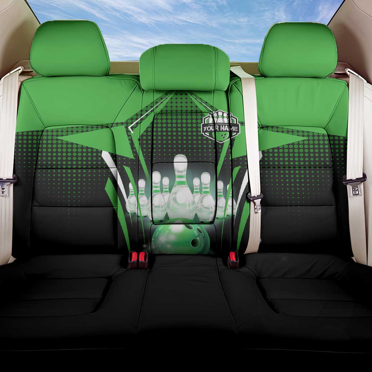 Bowling Team Design Back Car Seat Cover Green Strike Graphic and Custom Name Shield Accent - Wonder Print Shop