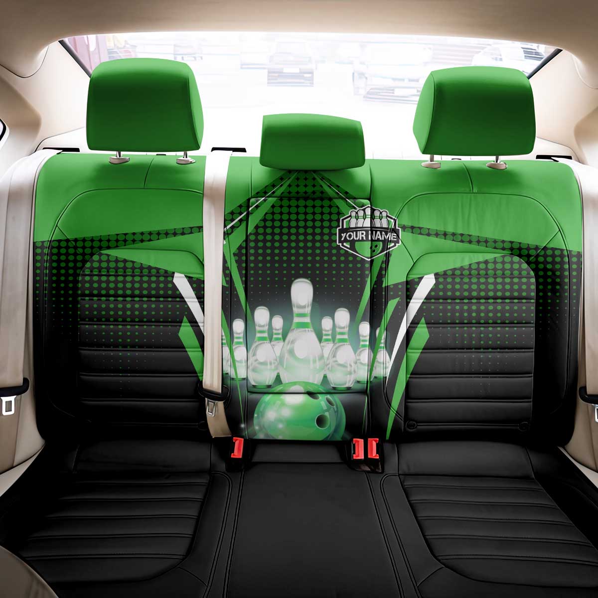 Bowling Team Design Back Car Seat Cover Green Strike Graphic and Custom Name Shield Accent - Wonder Print Shop