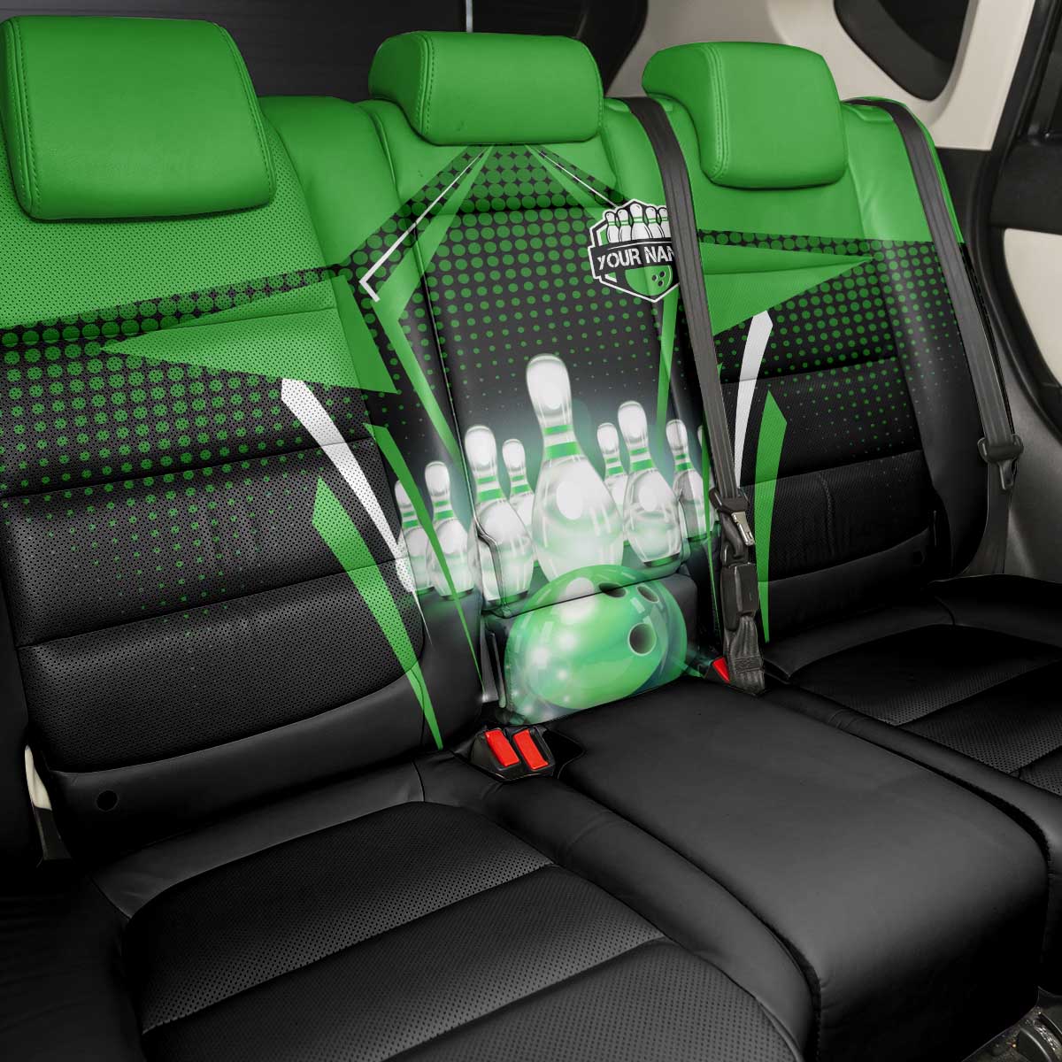 Bowling Team Design Back Car Seat Cover Green Strike Graphic and Custom Name Shield Accent - Wonder Print Shop