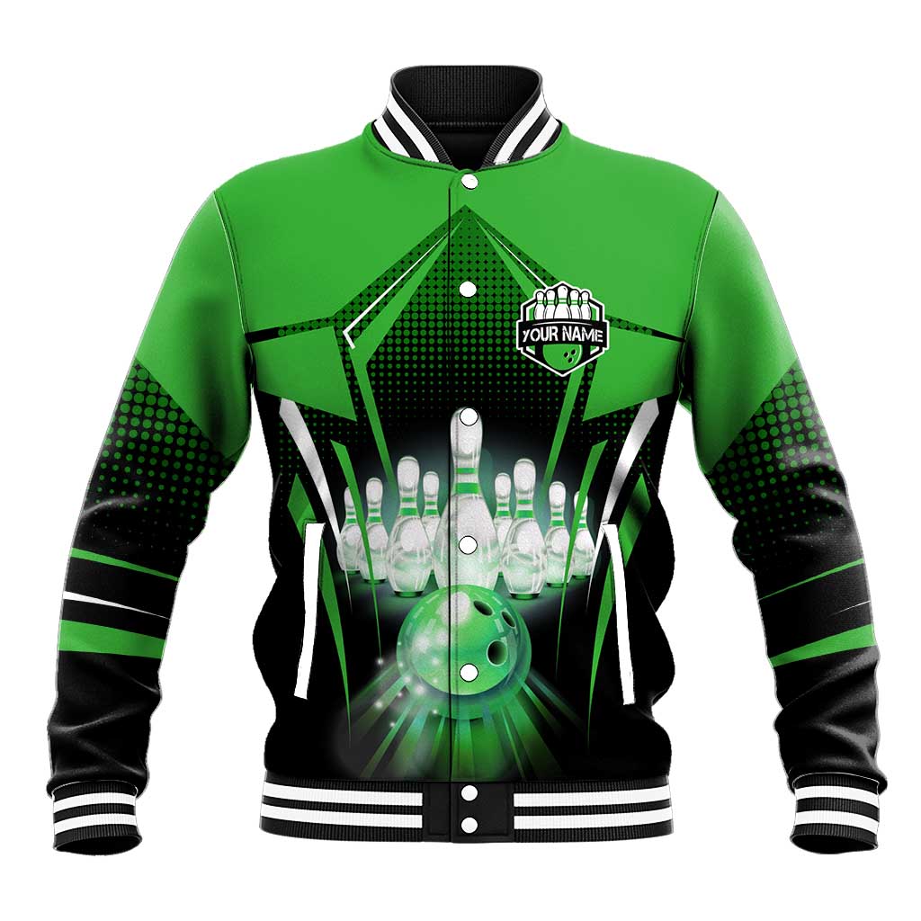 Bowling Team Design Baseball Jacket Green Strike Graphic and Custom Name Shield Accent - Wonder Print Shop