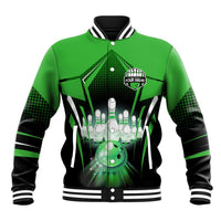 Bowling Team Design Baseball Jacket Green Strike Graphic and Custom Name Shield Accent - Wonder Print Shop