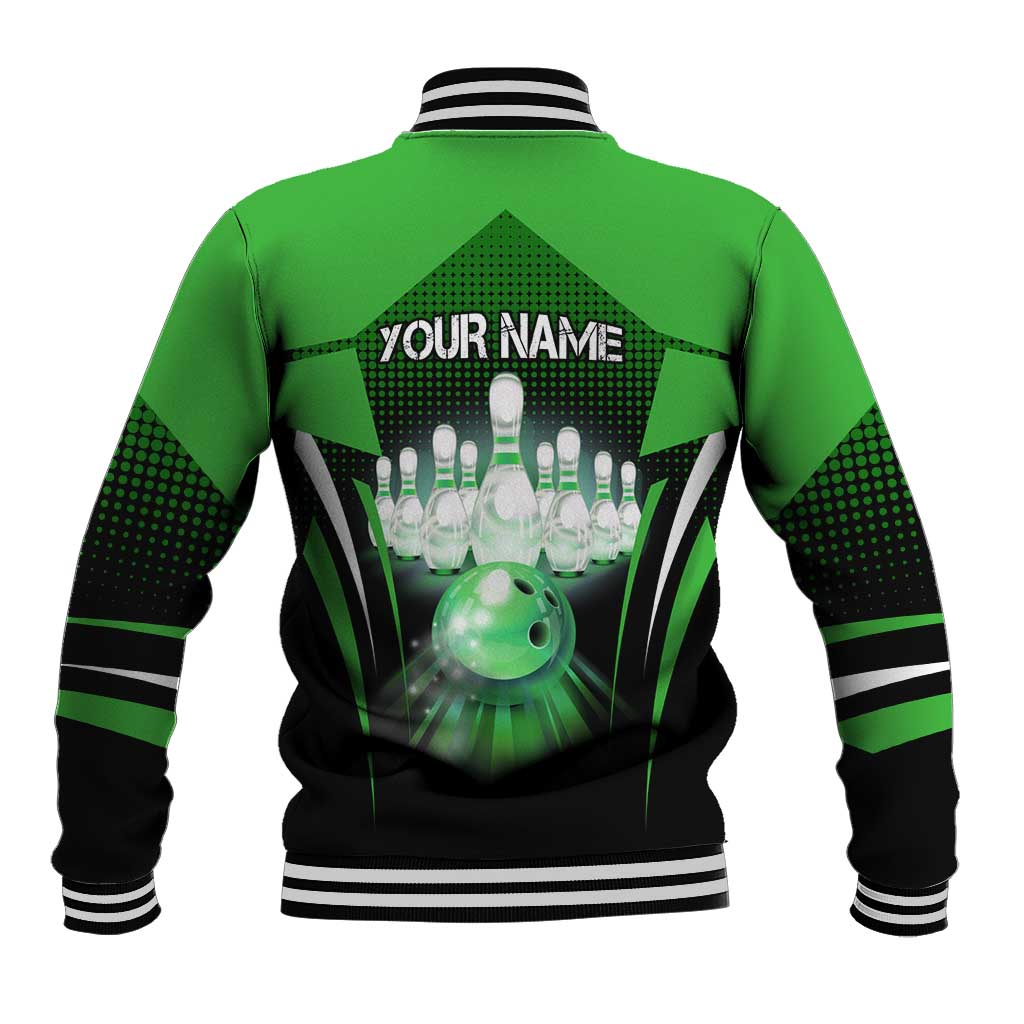 Bowling Team Design Baseball Jacket Green Strike Graphic and Custom Name Shield Accent - Wonder Print Shop