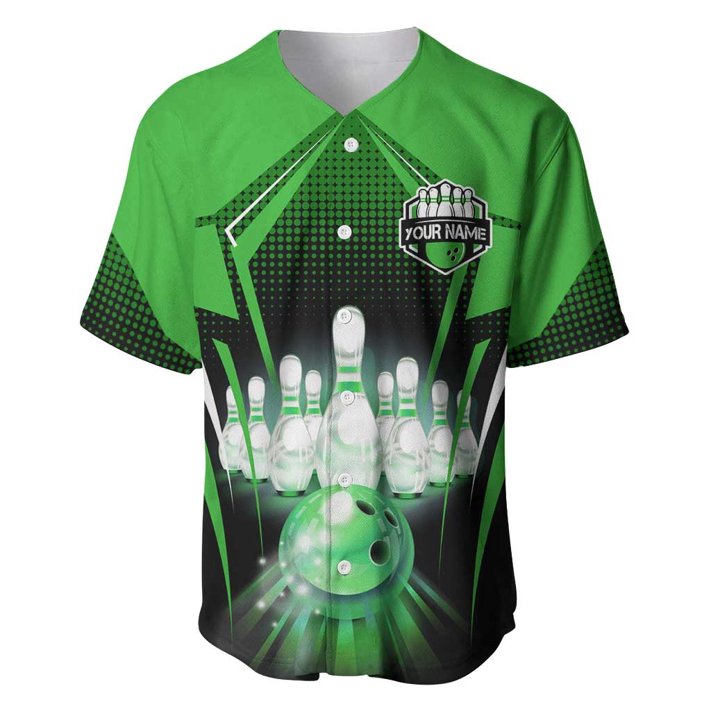 Bowling Team Design Baseball Jersey Green Strike Graphic and Custom Name Shield Accent - Wonder Print Shop