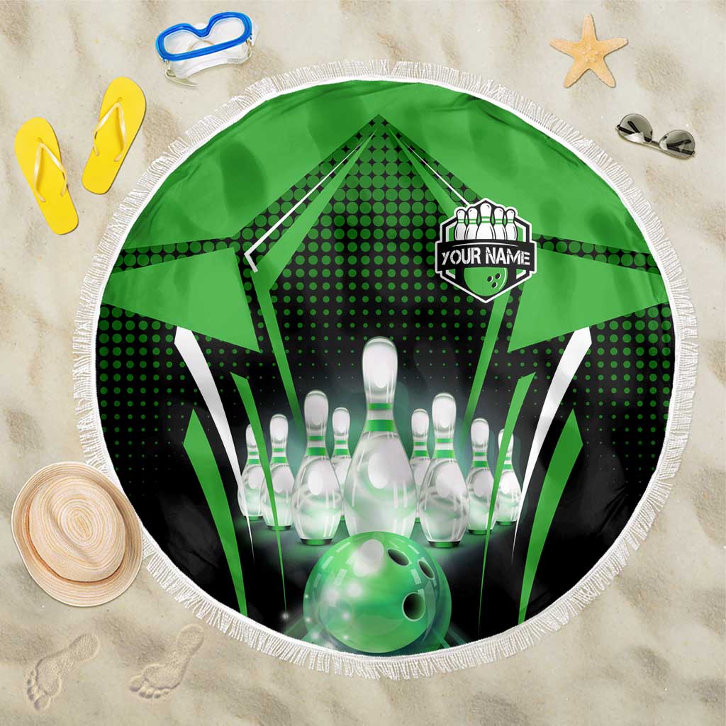 Bowling Team Design Beach Blanket Green Strike Graphic and Custom Name Shield Accent - Wonder Print Shop
