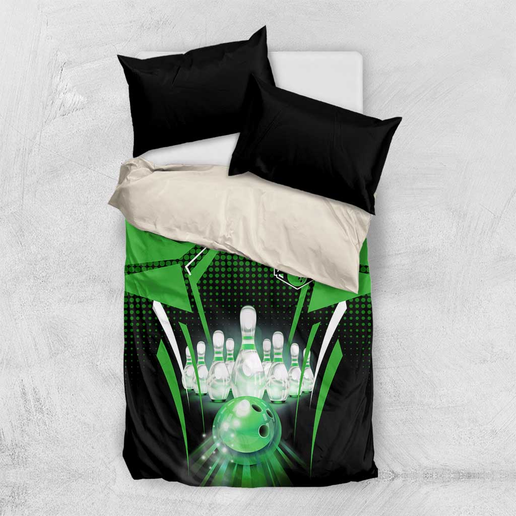 Bowling Team Design Bedding Set Green Strike Graphic and Custom Name Shield Accent - Wonder Print Shop