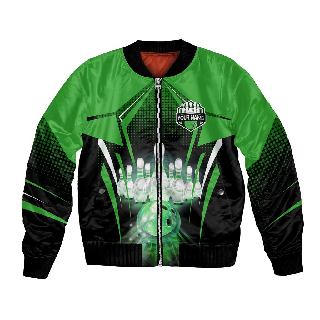 Bowling Team Design Bomber Jacket Green Strike Graphic and Custom Name Shield Accent - Wonder Print Shop