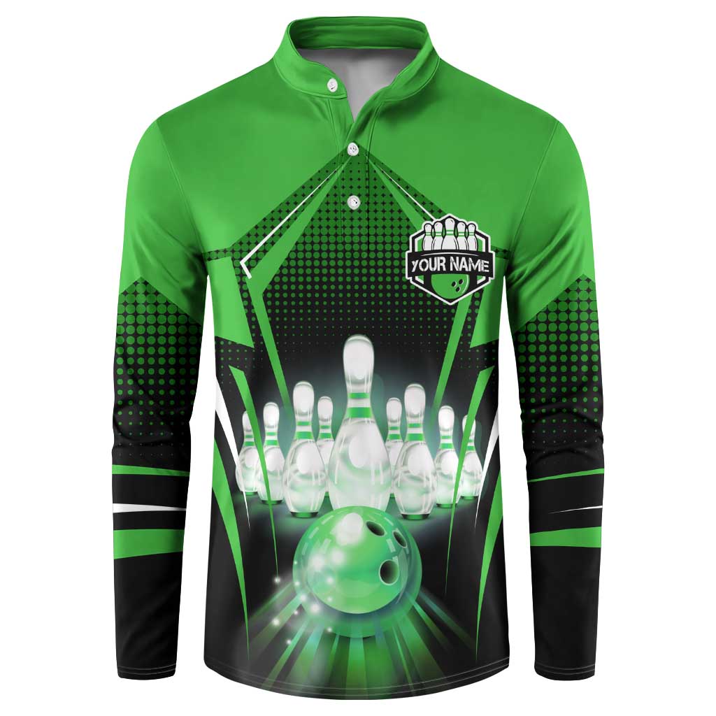 Bowling Team Design Button Sweatshirt Green Strike Graphic and Custom Name Shield Accent - Wonder Print Shop
