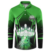 Bowling Team Design Button Sweatshirt Green Strike Graphic and Custom Name Shield Accent - Wonder Print Shop