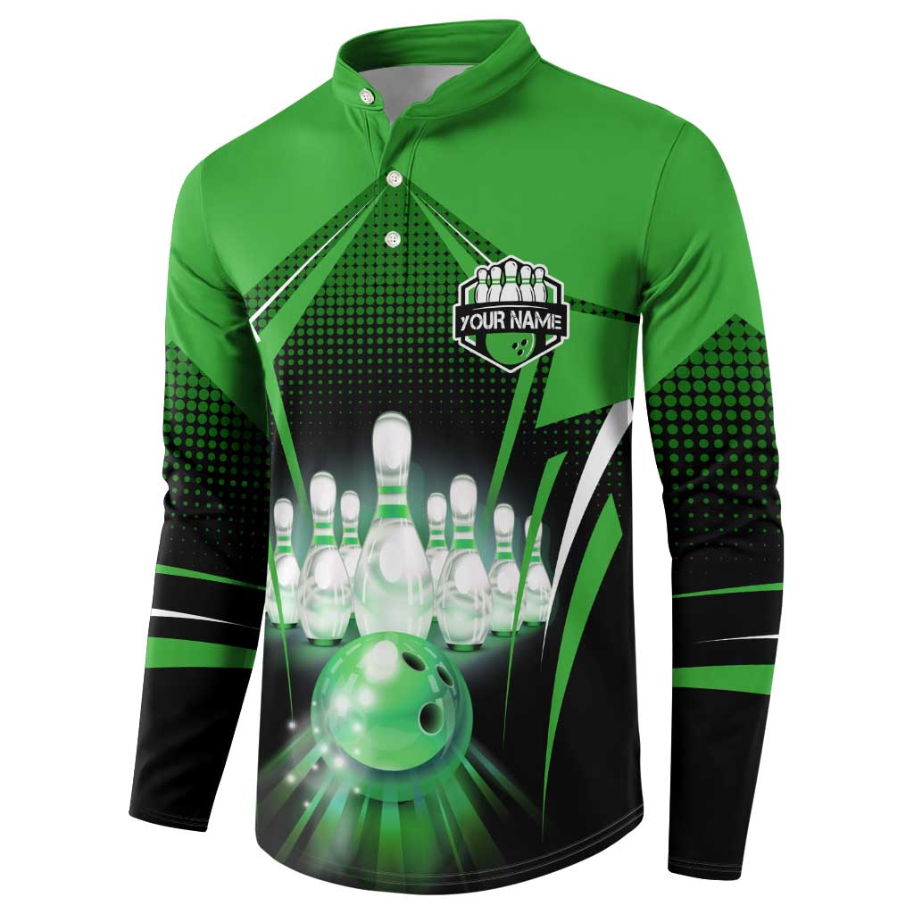 Bowling Team Design Button Sweatshirt Green Strike Graphic and Custom Name Shield Accent - Wonder Print Shop