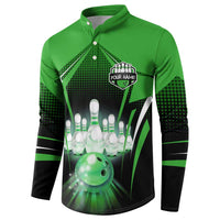 Bowling Team Design Button Sweatshirt Green Strike Graphic and Custom Name Shield Accent - Wonder Print Shop