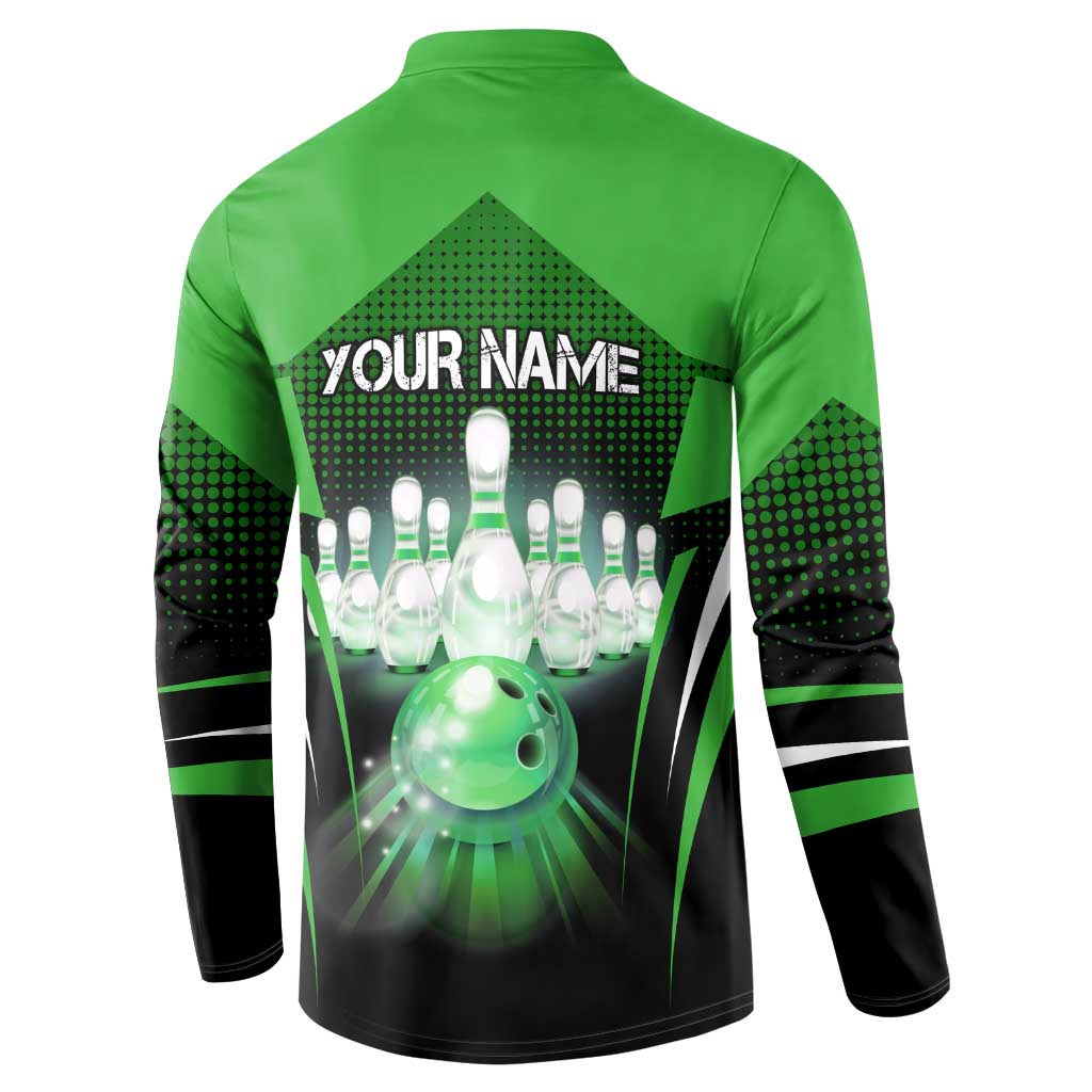Bowling Team Design Button Sweatshirt Green Strike Graphic and Custom Name Shield Accent - Wonder Print Shop
