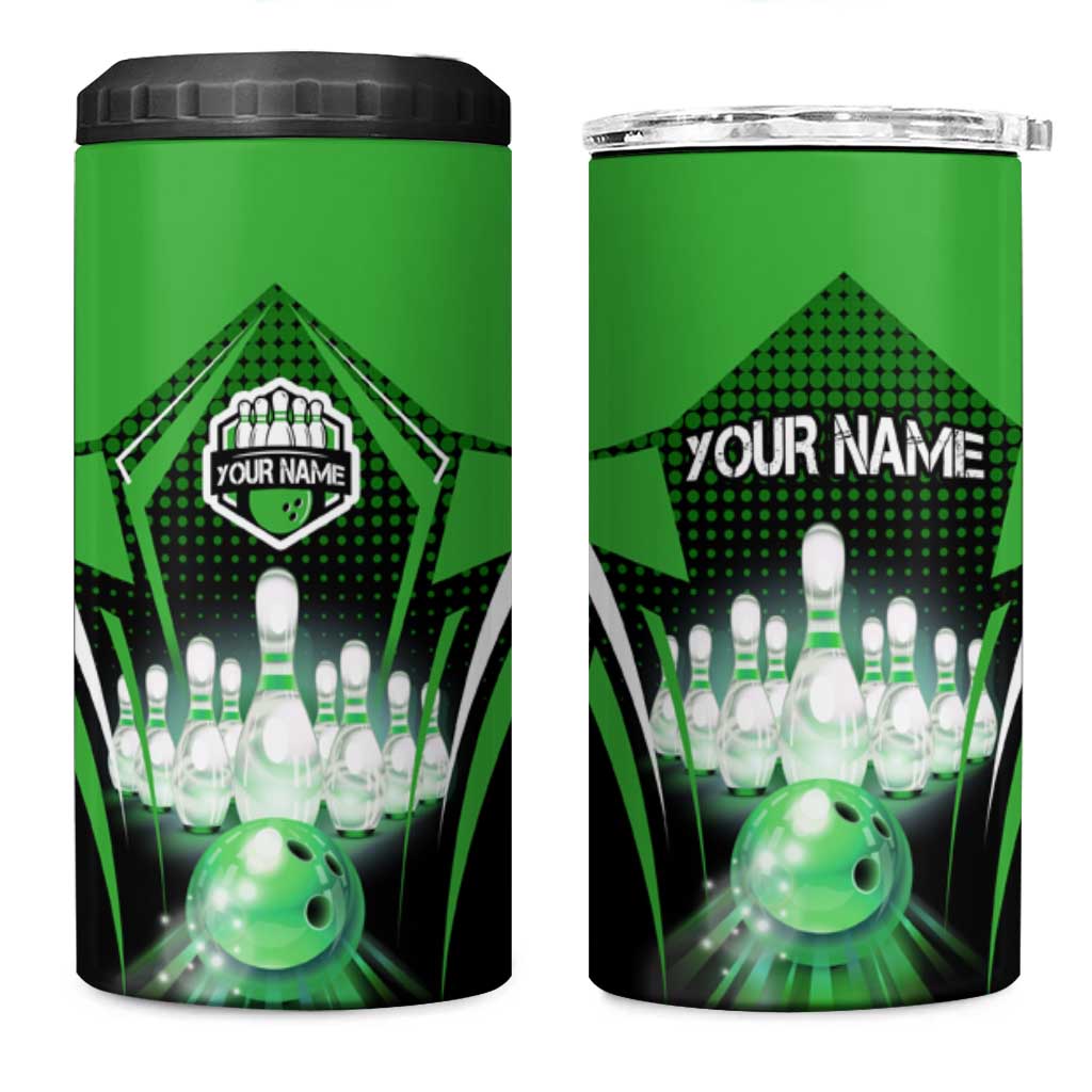 Bowling Team Design 4 in 1 Can Cooler Tumbler Green Strike Graphic and Custom Name Shield Accent - Wonder Print Shop