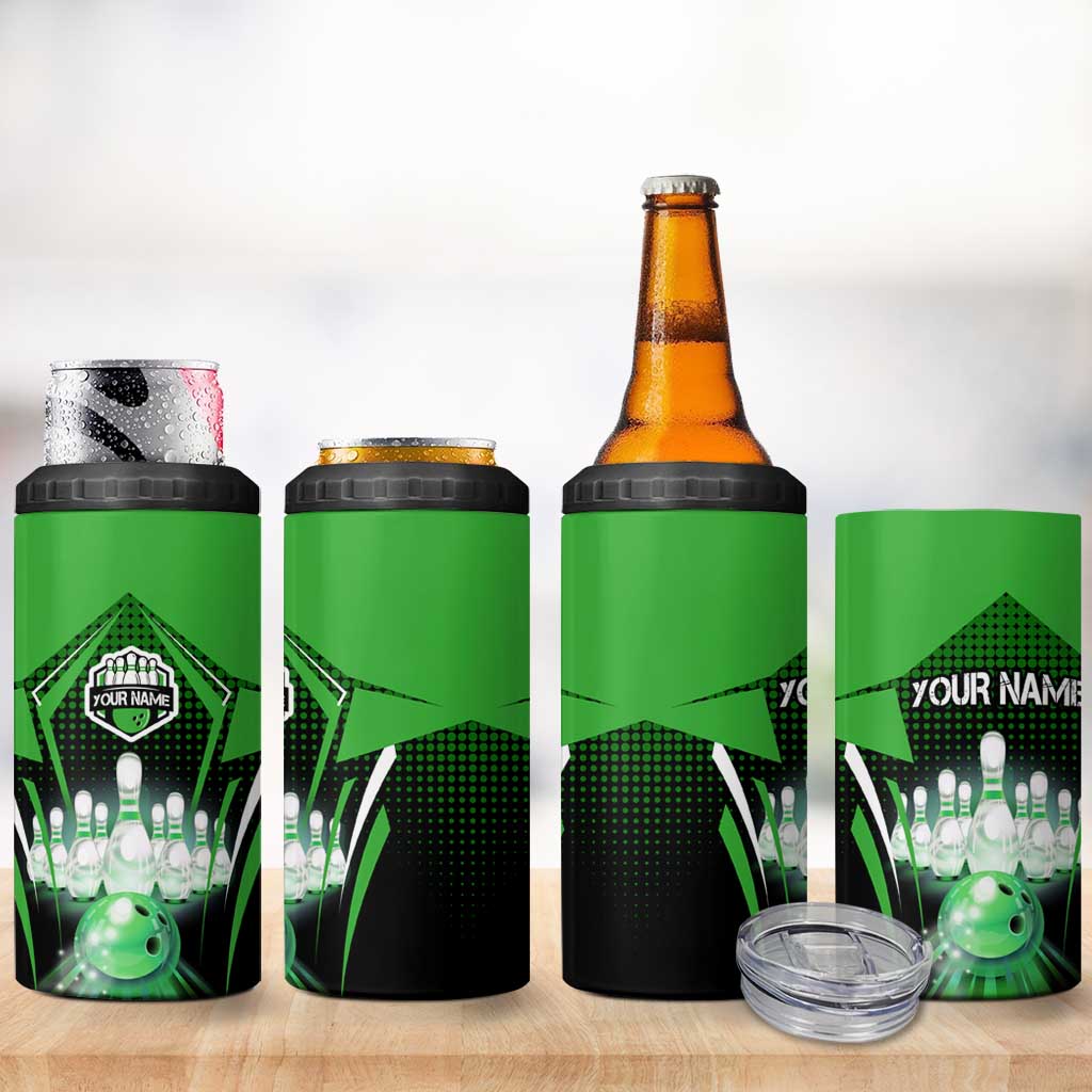 Bowling Team Design 4 in 1 Can Cooler Tumbler Green Strike Graphic and Custom Name Shield Accent - Wonder Print Shop
