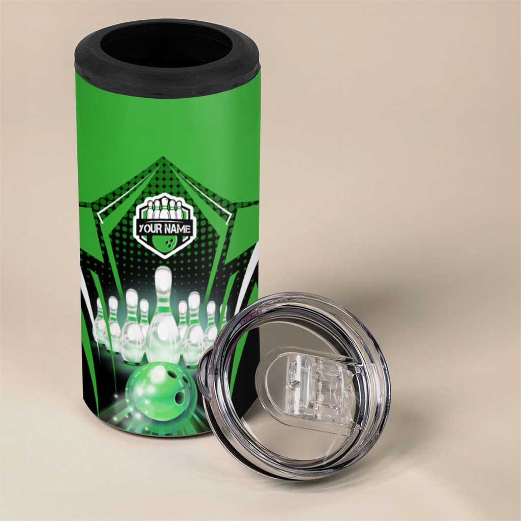 Bowling Team Design 4 in 1 Can Cooler Tumbler Green Strike Graphic and Custom Name Shield Accent - Wonder Print Shop