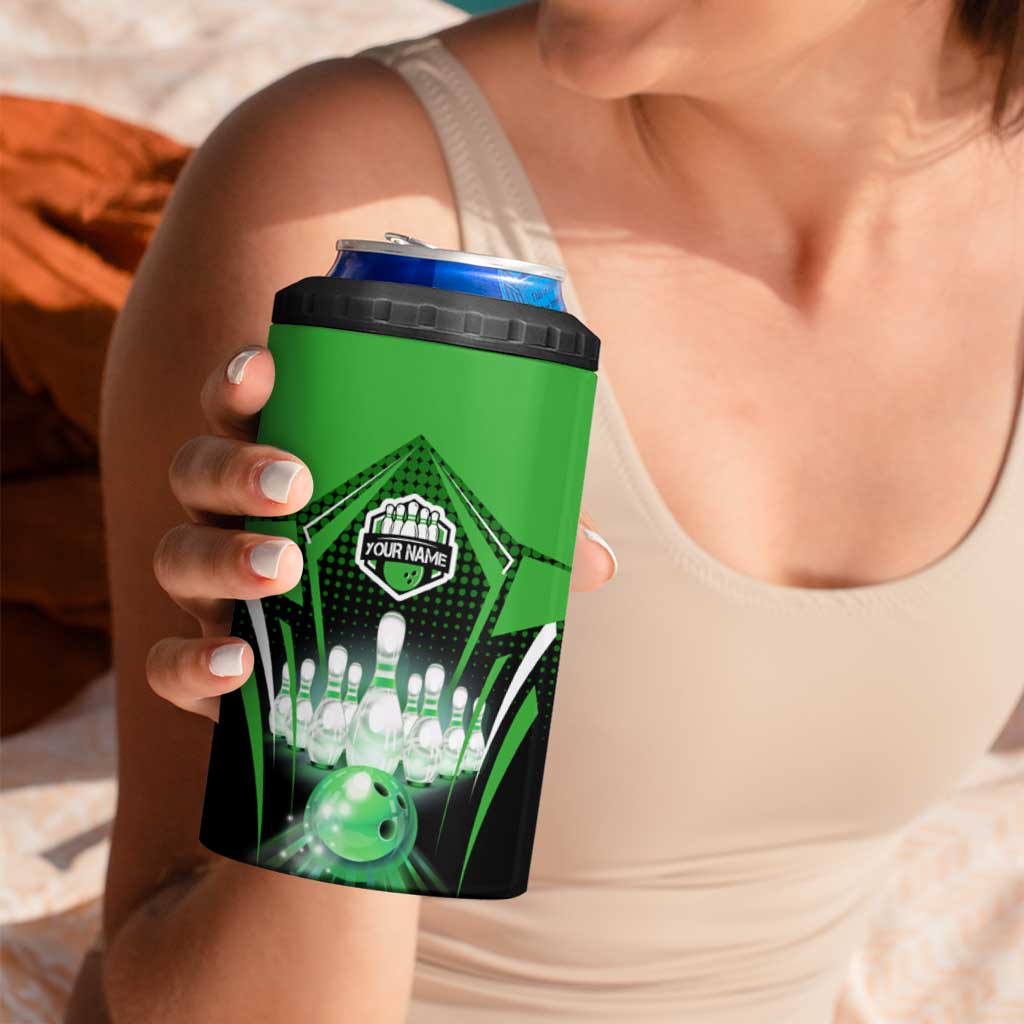 Bowling Team Design 4 in 1 Can Cooler Tumbler Green Strike Graphic and Custom Name Shield Accent - Wonder Print Shop