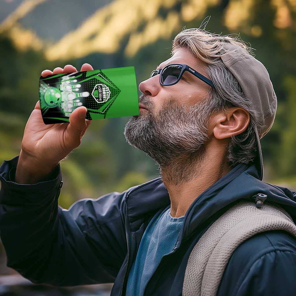 Bowling Team Design 4 in 1 Can Cooler Tumbler Green Strike Graphic and Custom Name Shield Accent - Wonder Print Shop