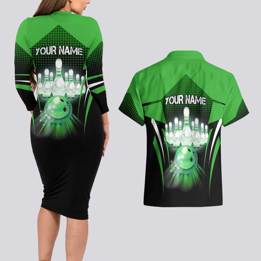 Bowling Team Design Couples Matching Long Sleeve Bodycon Dress and Hawaiian Shirt Green Strike Graphic and Custom Name Shield Accent - Wonder Print Shop