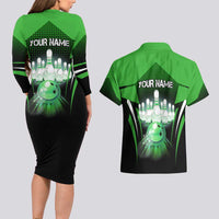 Bowling Team Design Couples Matching Long Sleeve Bodycon Dress and Hawaiian Shirt Green Strike Graphic and Custom Name Shield Accent - Wonder Print Shop
