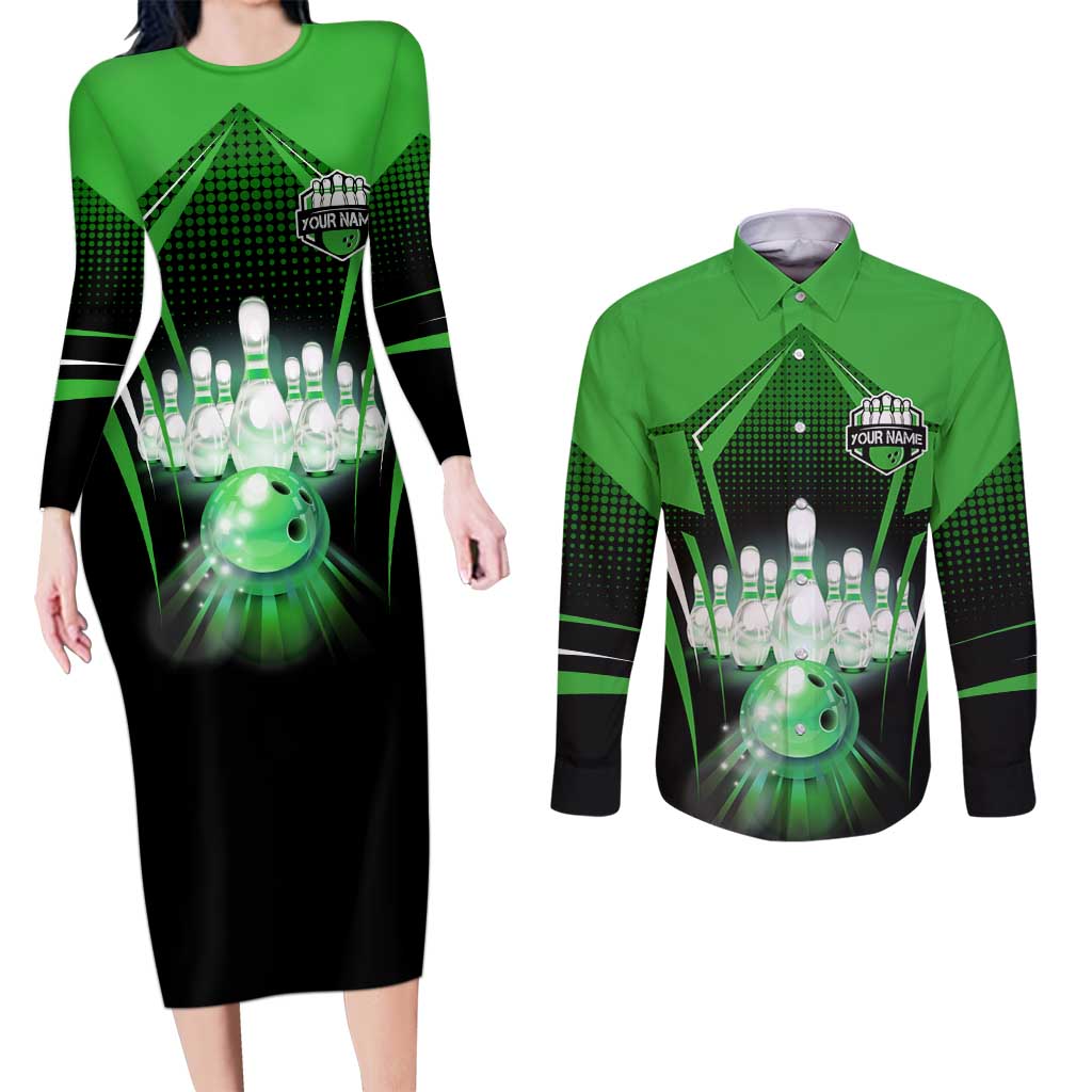 Bowling Team Design Couples Matching Long Sleeve Bodycon Dress and Long Sleeve Button Shirt Green Strike Graphic and Custom Name Shield Accent - Wonder Print Shop