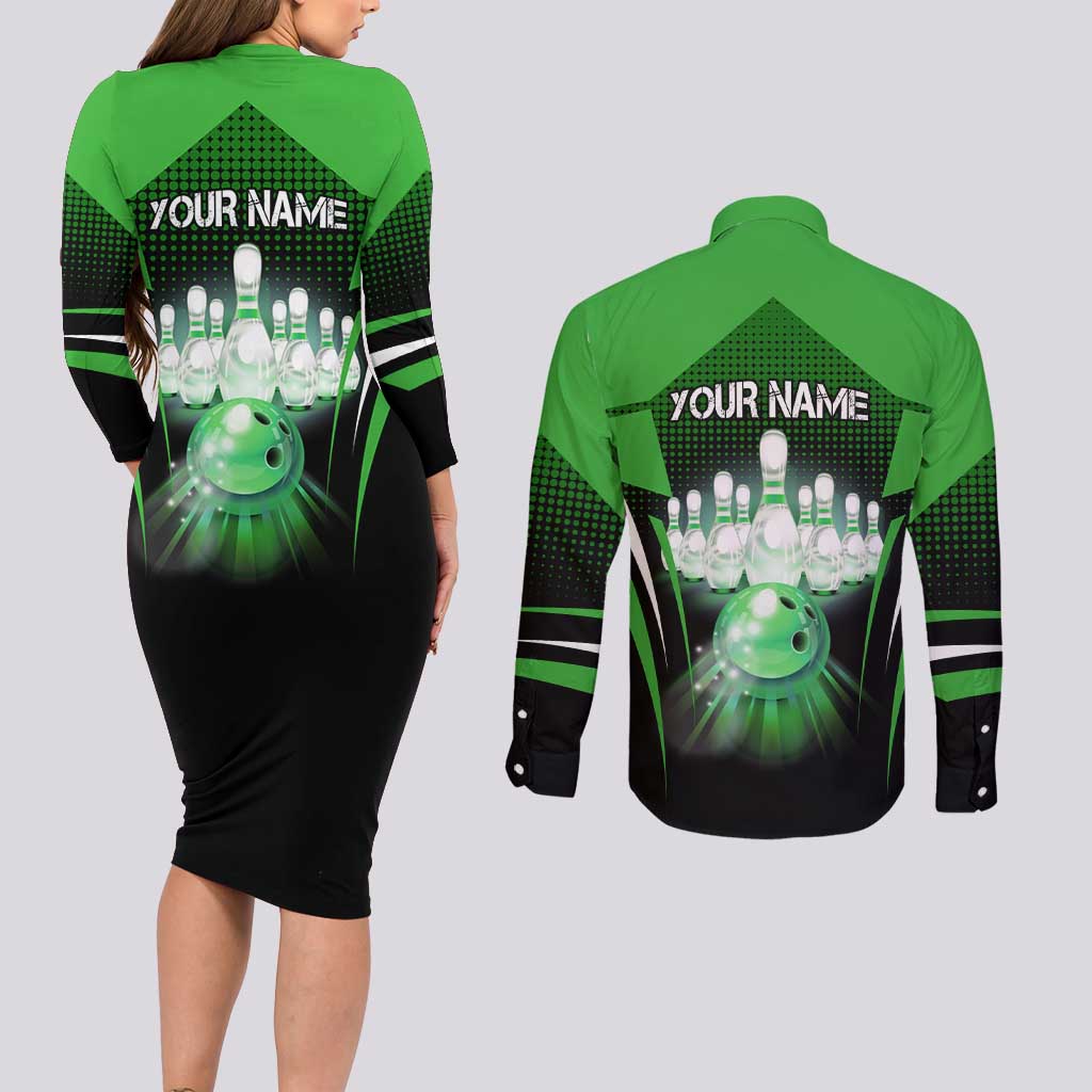 Bowling Team Design Couples Matching Long Sleeve Bodycon Dress and Long Sleeve Button Shirt Green Strike Graphic and Custom Name Shield Accent - Wonder Print Shop