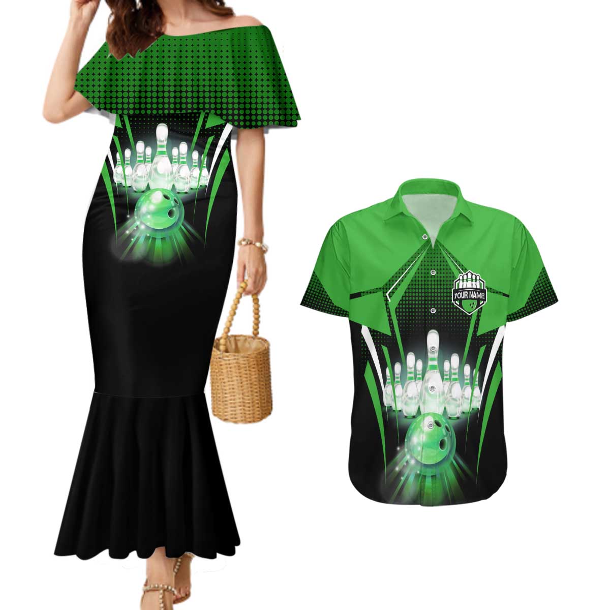 Bowling Team Design Couples Matching Mermaid Dress and Hawaiian Shirt Green Strike Graphic and Custom Name Shield Accent - Wonder Print Shop