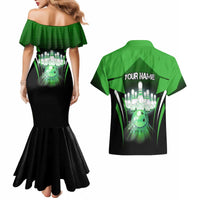 Bowling Team Design Couples Matching Mermaid Dress and Hawaiian Shirt Green Strike Graphic and Custom Name Shield Accent - Wonder Print Shop