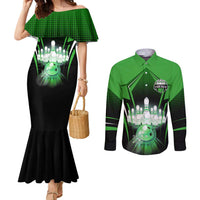 Bowling Team Design Couples Matching Mermaid Dress and Long Sleeve Button Shirt Green Strike Graphic and Custom Name Shield Accent - Wonder Print Shop