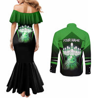 Bowling Team Design Couples Matching Mermaid Dress and Long Sleeve Button Shirt Green Strike Graphic and Custom Name Shield Accent - Wonder Print Shop