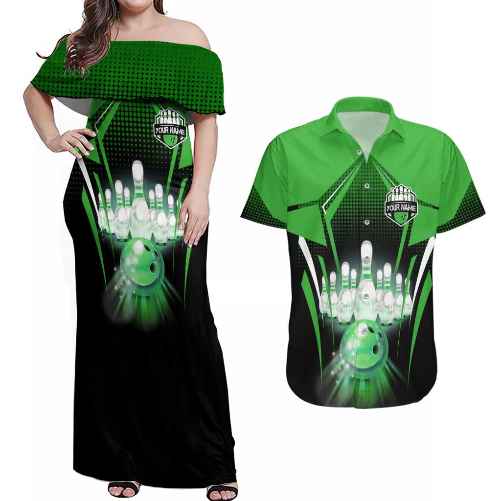 Bowling Team Design Couples Matching Off Shoulder Maxi Dress and Hawaiian Shirt Green Strike Graphic and Custom Name Shield Accent - Wonder Print Shop