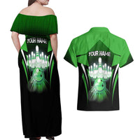 Bowling Team Design Couples Matching Off Shoulder Maxi Dress and Hawaiian Shirt Green Strike Graphic and Custom Name Shield Accent - Wonder Print Shop
