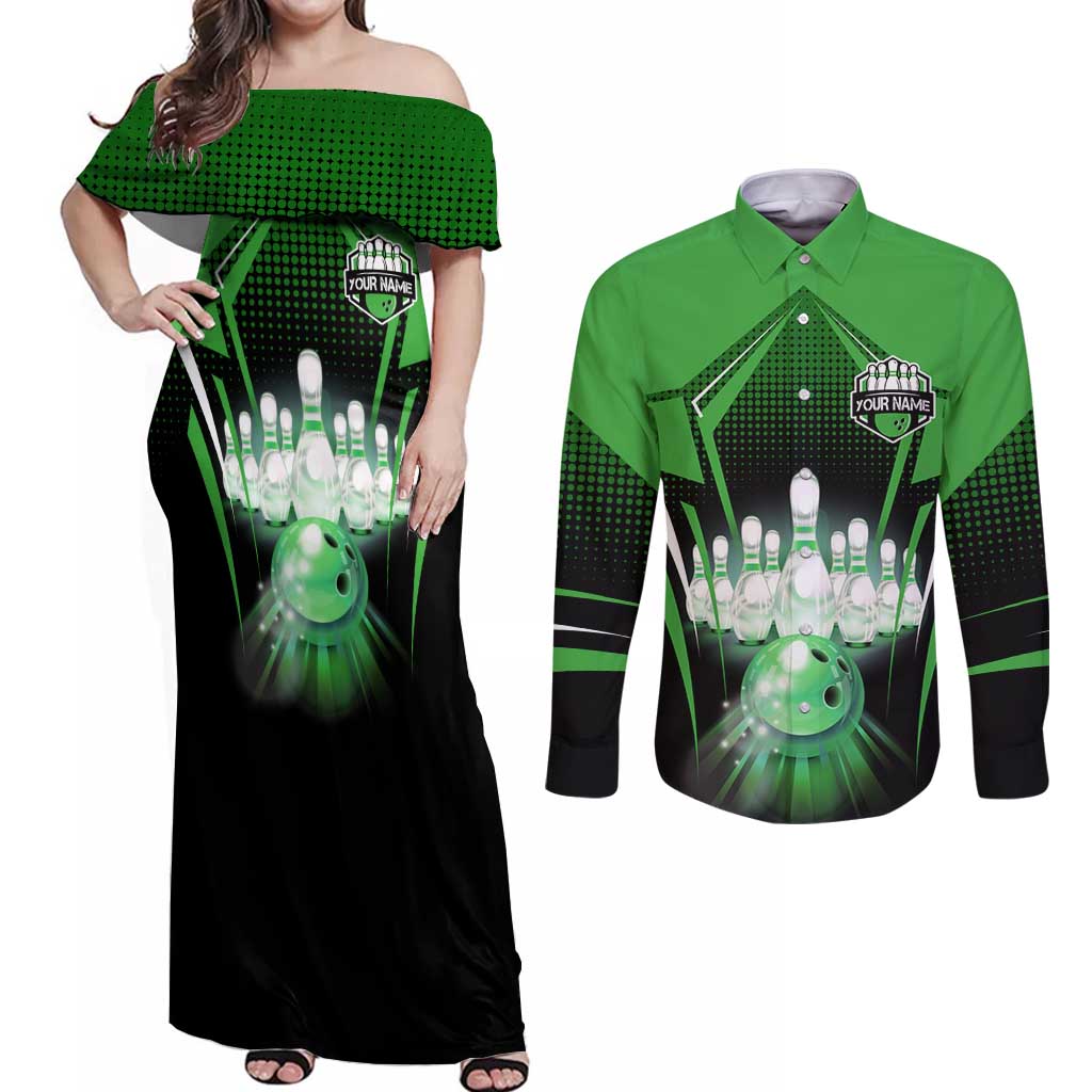 Bowling Team Design Couples Matching Off Shoulder Maxi Dress and Long Sleeve Button Shirt Green Strike Graphic and Custom Name Shield Accent - Wonder Print Shop