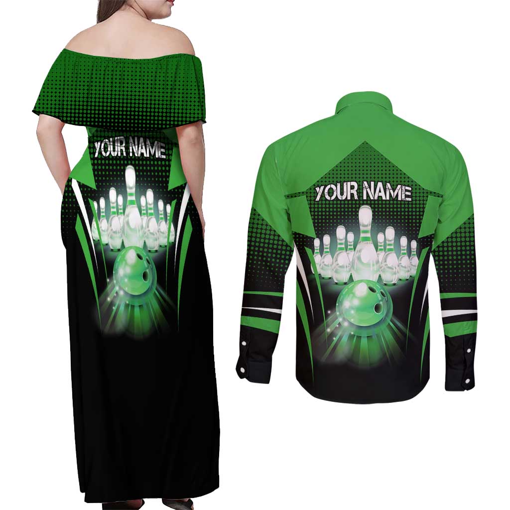 Bowling Team Design Couples Matching Off Shoulder Maxi Dress and Long Sleeve Button Shirt Green Strike Graphic and Custom Name Shield Accent - Wonder Print Shop