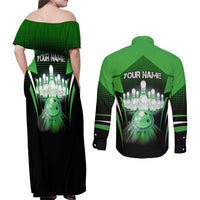 Bowling Team Design Couples Matching Off Shoulder Maxi Dress and Long Sleeve Button Shirt Green Strike Graphic and Custom Name Shield Accent - Wonder Print Shop