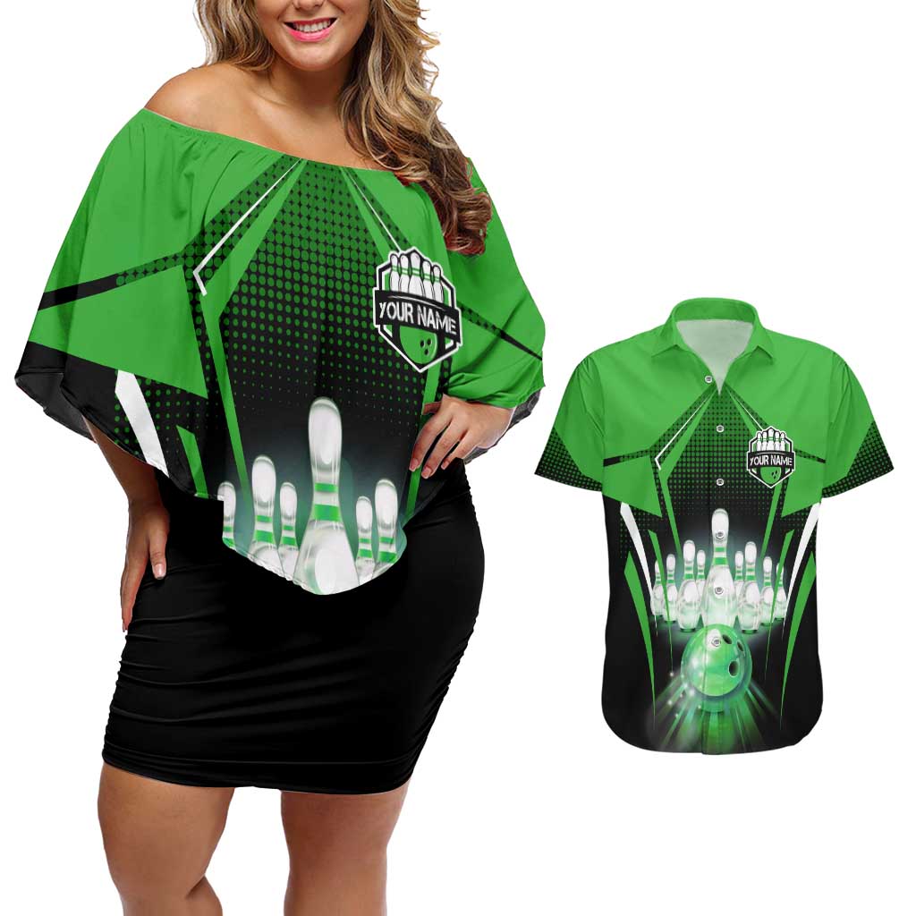 Bowling Team Design Couples Matching Off Shoulder Short Dress and Hawaiian Shirt Green Strike Graphic and Custom Name Shield Accent - Wonder Print Shop
