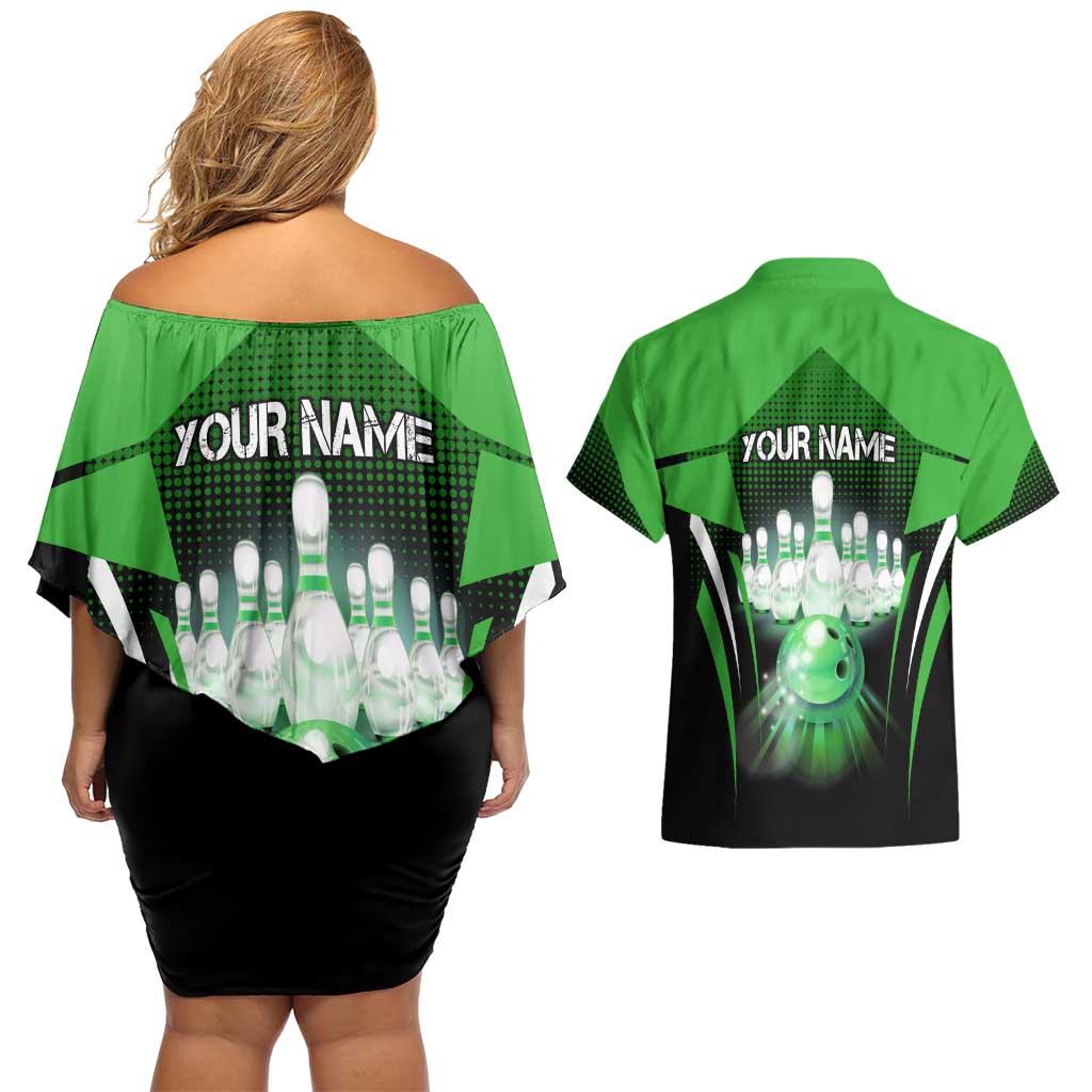 Bowling Team Design Couples Matching Off Shoulder Short Dress and Hawaiian Shirt Green Strike Graphic and Custom Name Shield Accent - Wonder Print Shop
