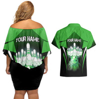 Bowling Team Design Couples Matching Off Shoulder Short Dress and Hawaiian Shirt Green Strike Graphic and Custom Name Shield Accent - Wonder Print Shop