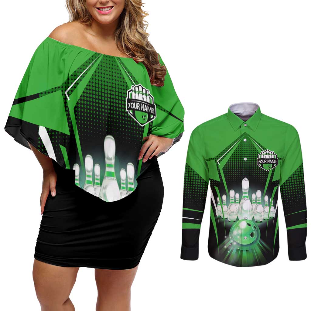 Bowling Team Design Couples Matching Off Shoulder Short Dress and Long Sleeve Button Shirt Green Strike Graphic and Custom Name Shield Accent - Wonder Print Shop