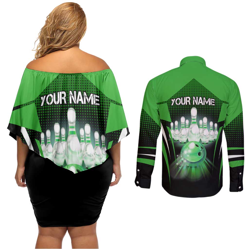 Bowling Team Design Couples Matching Off Shoulder Short Dress and Long Sleeve Button Shirt Green Strike Graphic and Custom Name Shield Accent - Wonder Print Shop