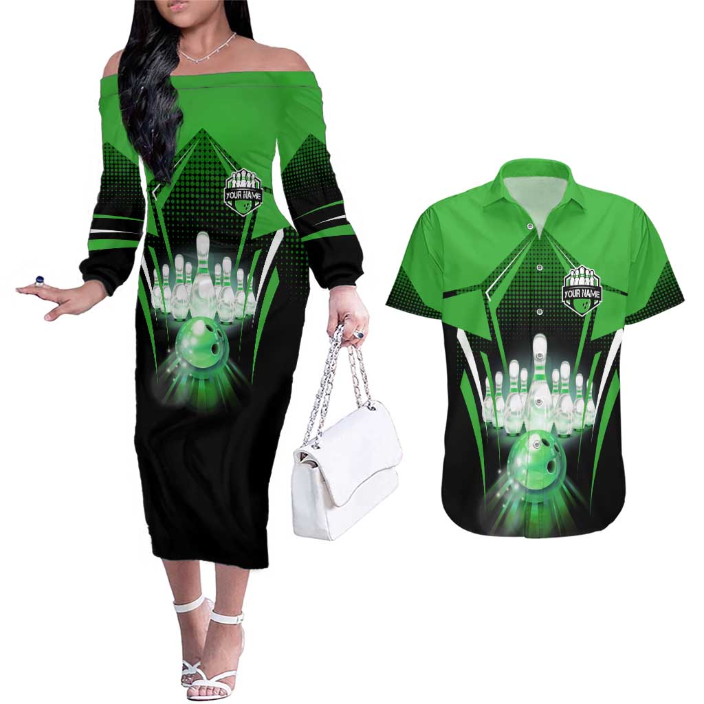 Bowling Team Design Couples Matching Off The Shoulder Long Sleeve Dress and Hawaiian Shirt Green Strike Graphic and Custom Name Shield Accent - Wonder Print Shop