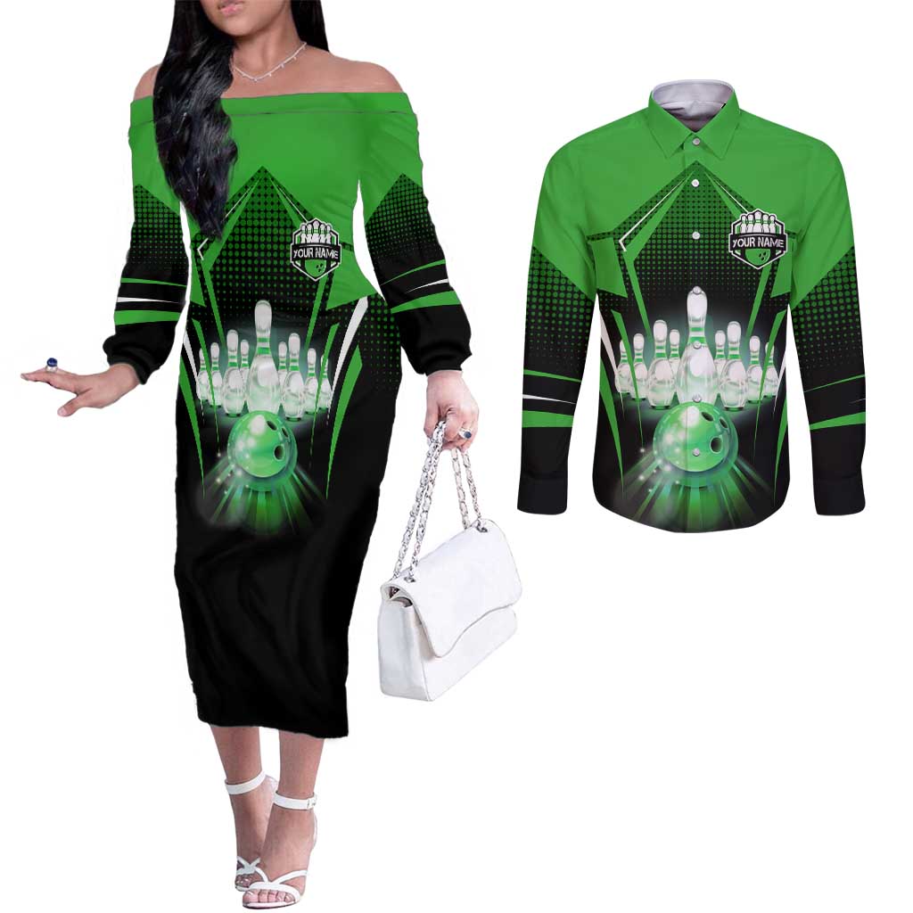 Bowling Team Design Couples Matching Off The Shoulder Long Sleeve Dress and Long Sleeve Button Shirt Green Strike Graphic and Custom Name Shield Accent - Wonder Print Shop