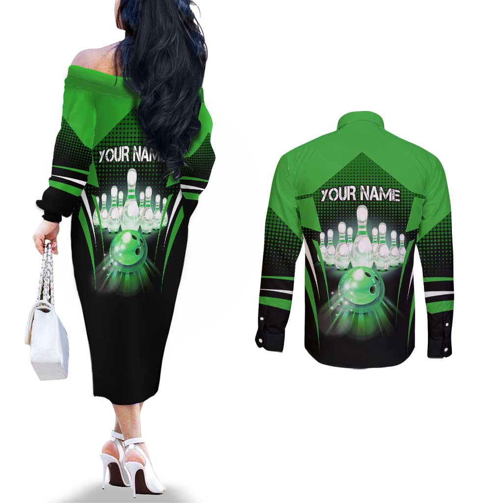Bowling Team Design Couples Matching Off The Shoulder Long Sleeve Dress and Long Sleeve Button Shirt Green Strike Graphic and Custom Name Shield Accent - Wonder Print Shop