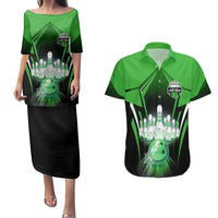 Bowling Team Design Couples Matching Puletasi and Hawaiian Shirt Green Strike Graphic and Custom Name Shield Accent - Wonder Print Shop
