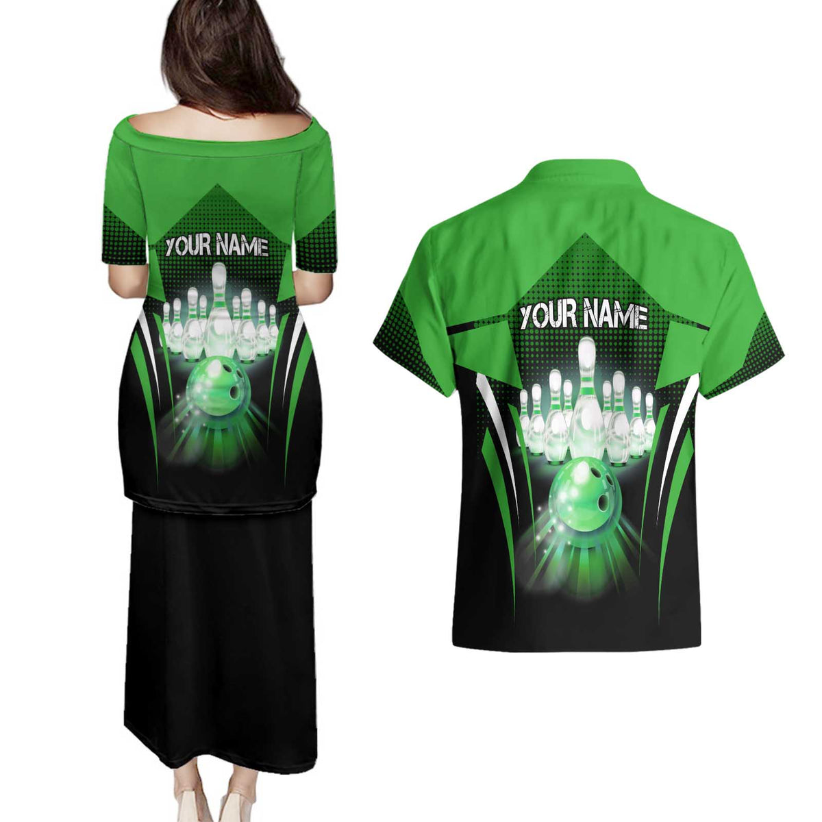 Bowling Team Design Couples Matching Puletasi and Hawaiian Shirt Green Strike Graphic and Custom Name Shield Accent - Wonder Print Shop