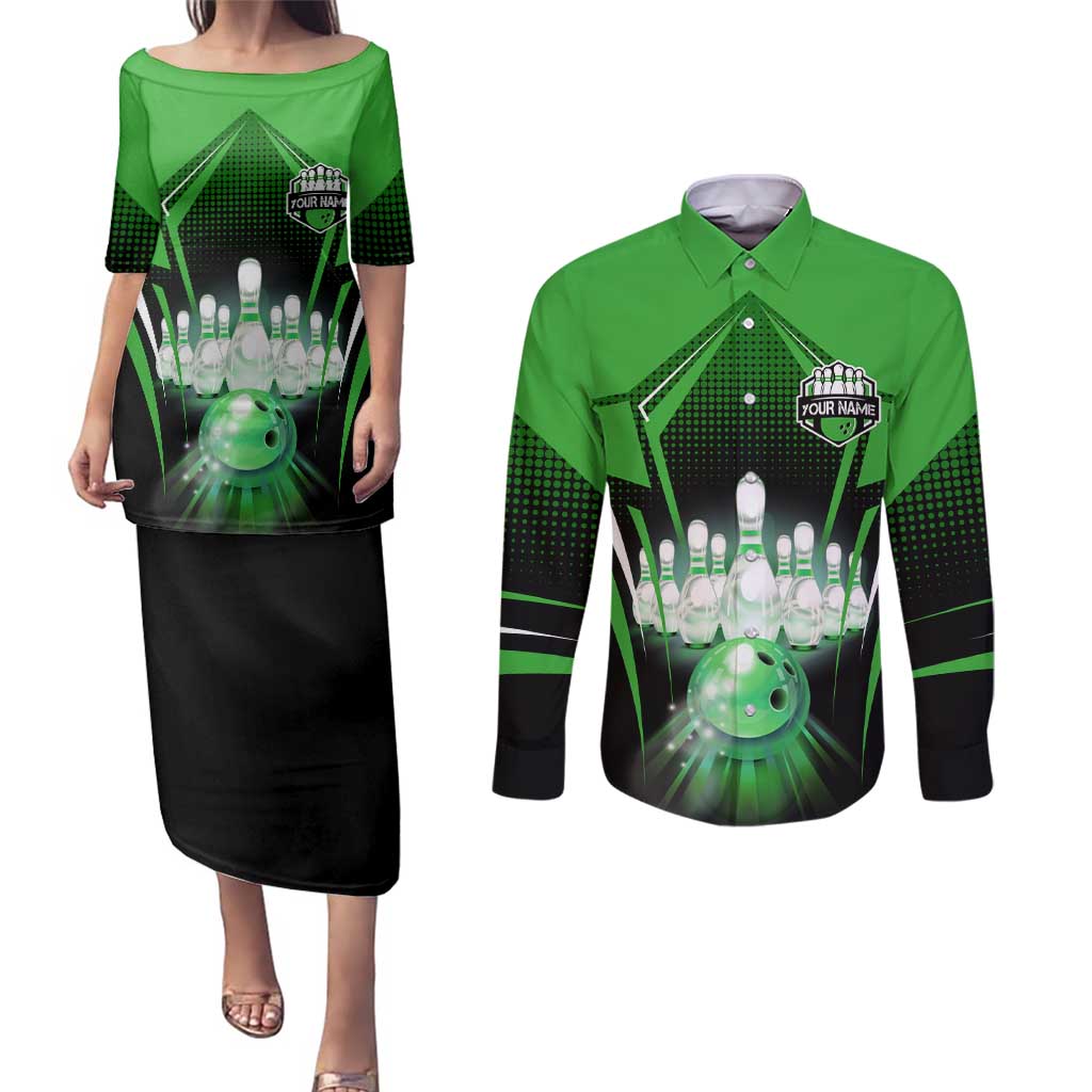 Bowling Team Design Couples Matching Puletasi and Long Sleeve Button Shirt Green Strike Graphic and Custom Name Shield Accent - Wonder Print Shop