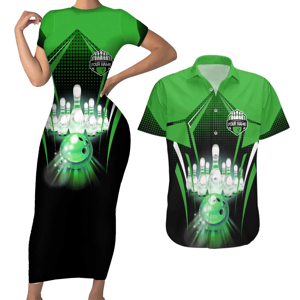 Bowling Team Design Couples Matching Short Sleeve Bodycon Dress and Hawaiian Shirt Green Strike Graphic and Custom Name Shield Accent - Wonder Print Shop