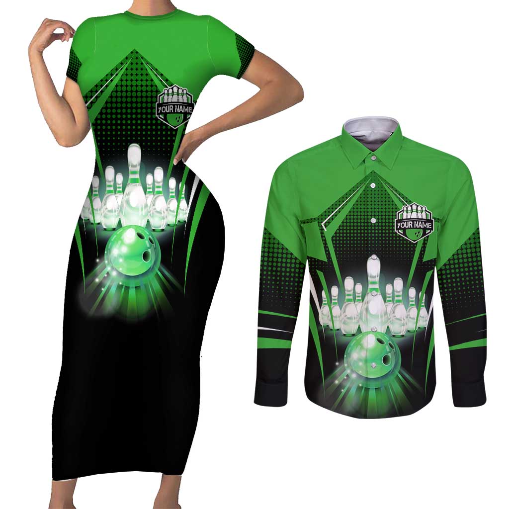 Bowling Team Design Couples Matching Short Sleeve Bodycon Dress and Long Sleeve Button Shirt Green Strike Graphic and Custom Name Shield Accent - Wonder Print Shop