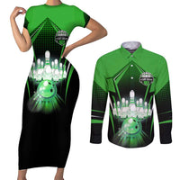 Bowling Team Design Couples Matching Short Sleeve Bodycon Dress and Long Sleeve Button Shirt Green Strike Graphic and Custom Name Shield Accent - Wonder Print Shop