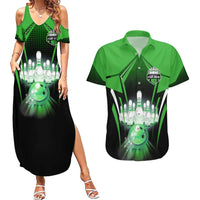 Bowling Team Design Couples Matching Summer Maxi Dress and Hawaiian Shirt Green Strike Graphic and Custom Name Shield Accent - Wonder Print Shop