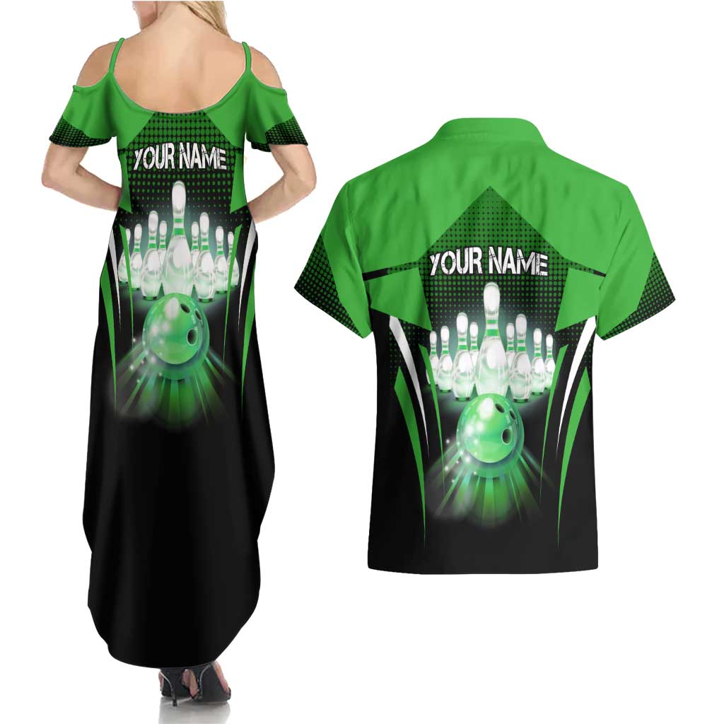 Bowling Team Design Couples Matching Summer Maxi Dress and Hawaiian Shirt Green Strike Graphic and Custom Name Shield Accent - Wonder Print Shop